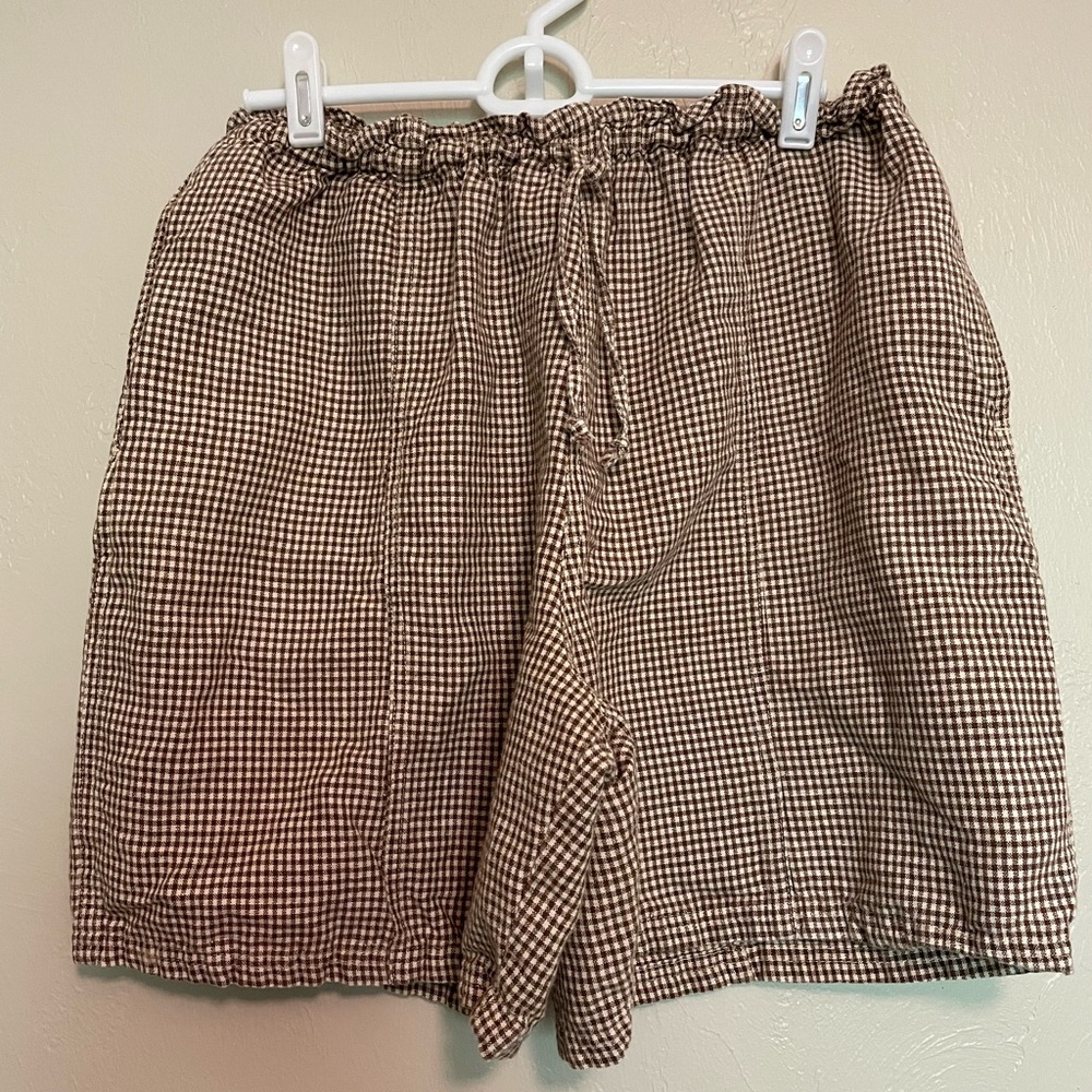 Vintage Chaus Brown & Cream Gingham Check Linen Blend Shorts